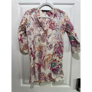 Zara Cream 3/4 Sleeve Floral Print Buttoned Shirt Dress Size XS